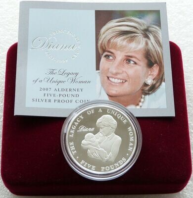2007 Alderney Lady Diana £5 Silver Proof Coin Box Coa