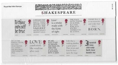 2016 Royal Mail William Shakespeare 10 Stamp Presentation Pack