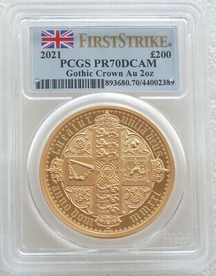 2021 Great Engravers Gothic Crown £200 Gold Proof 2oz Coin PCGS PR70 DCAM First Strike