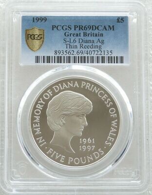 1999 Lady Diana Memorial £5 Silver Proof Coin PCGS PR69 DCAM Mint Error Thin Reeding
