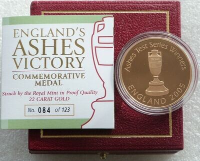 2005 England's Ashes Victory Commemorative Gold Proof Medal Box Coa