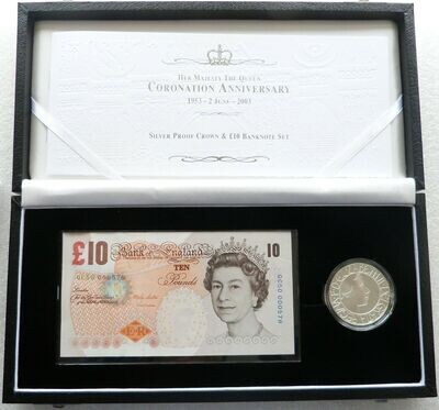 2003 Coronation Jubilee £5 Silver Proof Coin £10 Banknote Set Box Coa