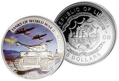 2008 Liberia Tanks of World War II German VI Tiger $5 Silver Proof Coin