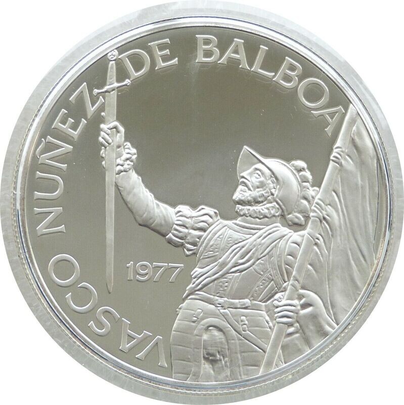 1977 Panama Vasco Nunez Large 20 Balboa Silver Proof Coin Box Coa