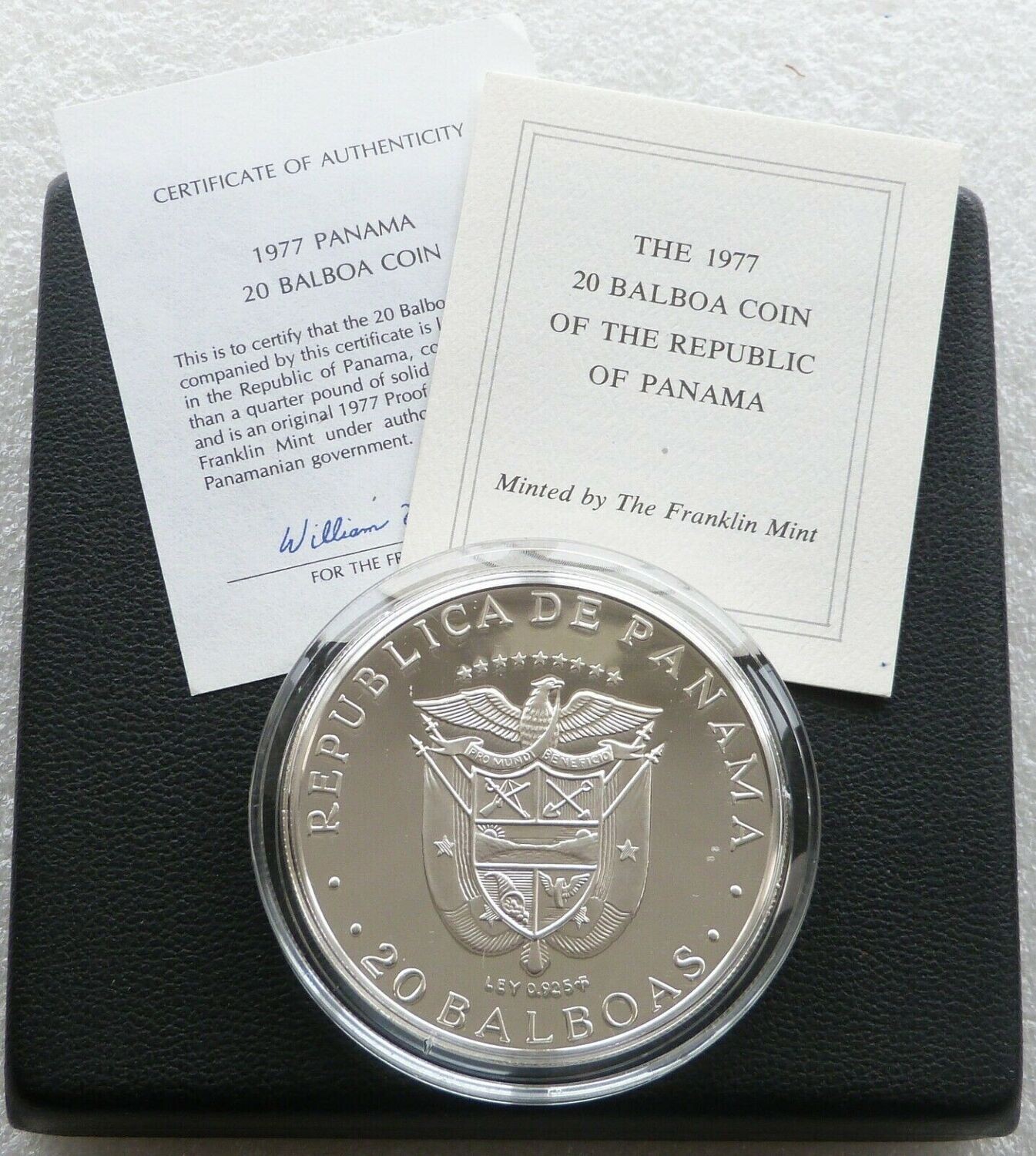 1977 Panama Vasco Nunez Large 20 Balboa Silver Proof Coin Box Coa