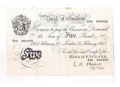 1955 Bank of England L K OBrien White £5 Five Pound Banknote Z05 094992