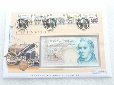 2004 Alderney Stephensons Rocket £25 Gold Proof Coin £5 Banknote First Day Cover