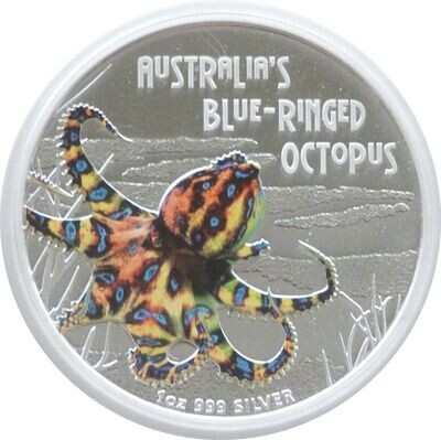 2008 Tuvalu Deadly and Dangerous Blue Ringed Octopus $1 Silver Proof 1oz Coin Box Coa