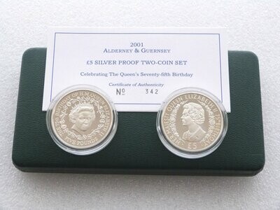 2001 Queens 75th Birthday £5 Silver Proof 2 Coin Set Box Coa