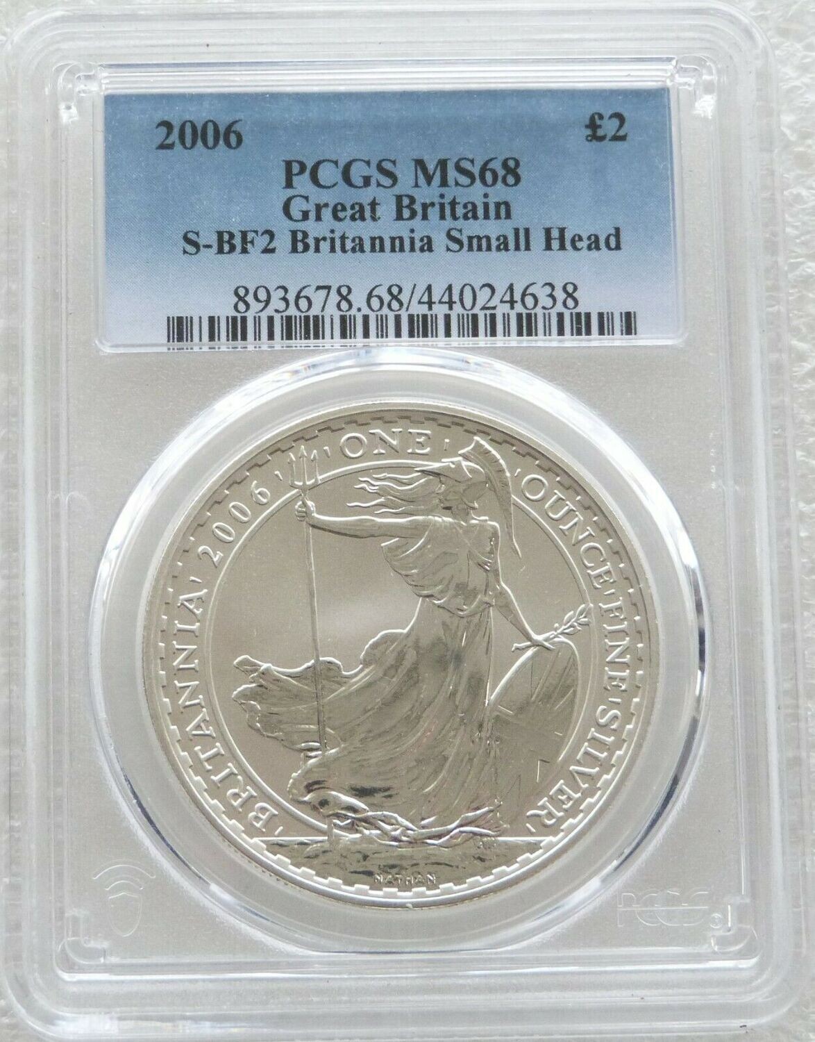 2006 Britannia £2 Silver Bullion 1oz Coin PCGS MS68 Mint Error Small Portrait