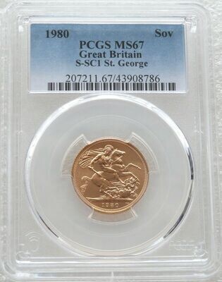 1980 St George and the Dragon Full Sovereign Gold Coin PCGS MS67