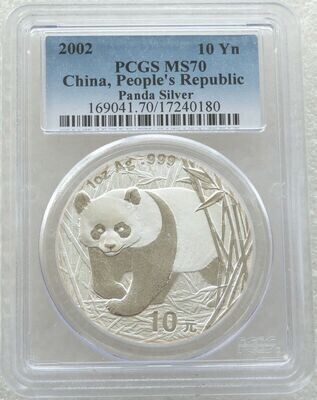 2002 China Panda 10 Yuan Silver 1oz Coin PCGS MS70
