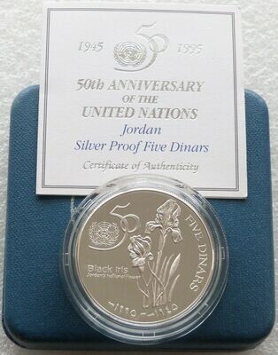 1995 Jordan United Nations Black Iris 5 Dinars Silver Proof Coin Box Coa
