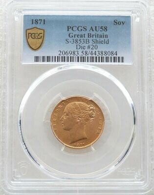 1871 Victoria Shield Full Sovereign Gold Coin PCGS AU58 - Die 20