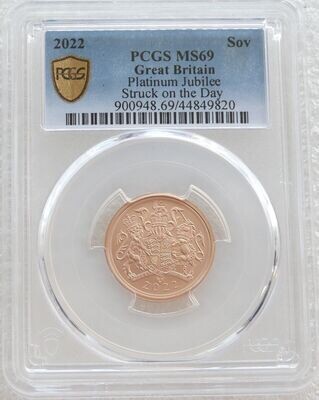 2022 Struck on the Day Platinum Jubilee Full Sovereign Gold Matte Coin PCGS MS69 - Plain Edge
