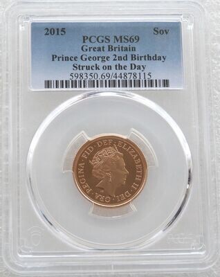 2015 Struck on the Day Prince George Second Birthday Full Sovereign Gold Coin PCGS MS69