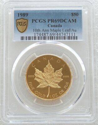 1989 Canada Maple Leaf $50 Gold Proof 1oz Coin PCGS PR69 DCAM