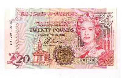 1996 Guernsey D P Trestain £20 Twenty Pound Banknote B701070