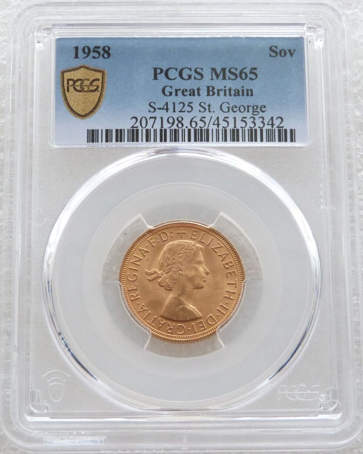 1958 St George and the Dragon Full Sovereign Gold Coin PCGS MS65