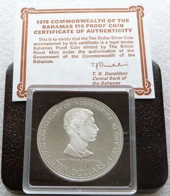 1978 Bahamas Independence Prince Charles $10 Silver Proof Coin Box Coa