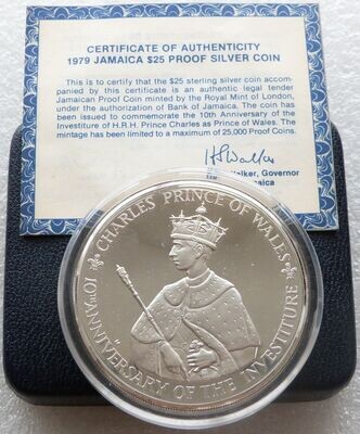 1979 Jamaica Prince Charles Investiture $25 Silver Proof Coin Box Coa