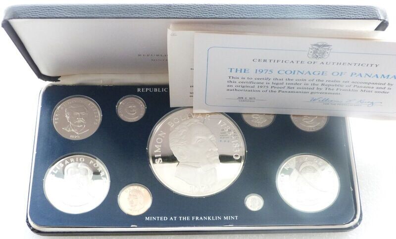 1975 Panama Simon Bolivar 20 Balboa Silver Proof 9 Coin Set Box Coa