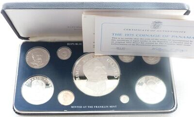 1975 Panama Simon Bolivar 20 Balboa Silver Proof 9 Coin Set Box Coa