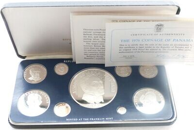 1976 Panama Simon Bolivar 20 Balboa Silver Proof 9 Coin Set Box Coa