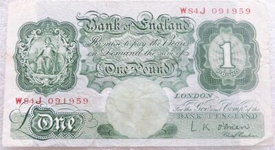 1960 - 1963 Bank of England L K O'Brien Green £1 One Pound Banknote (A01 to Z99)