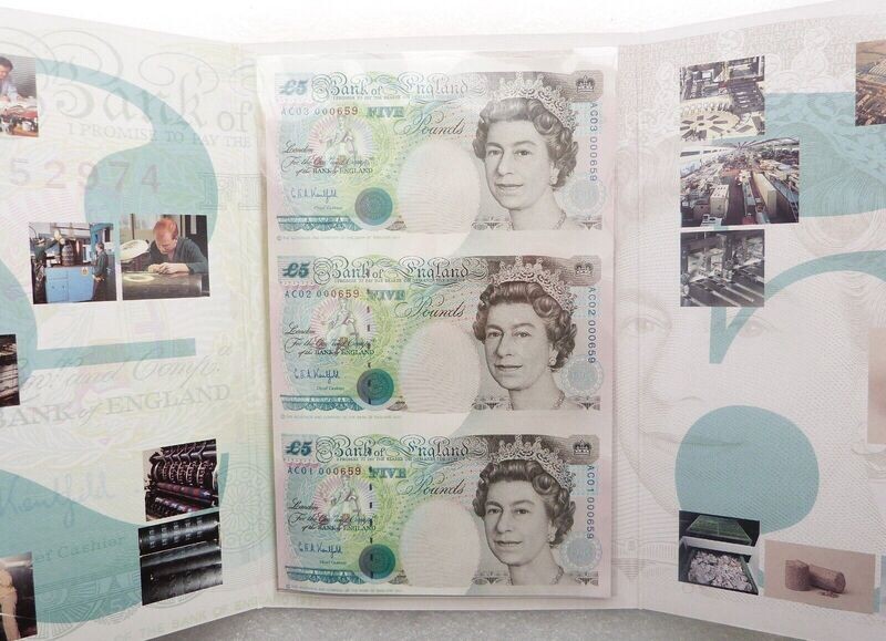 1993 Bank of England G E Kentfield £5 Five Pound 3 Banknote Uncut Sheet AC01 - AC03