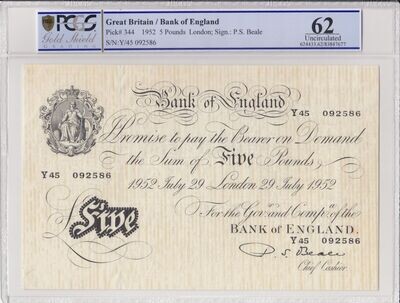 1952 Bank of England P S Beale White £5 Five Pound Banknote Y45 092586 Uncirculated 62