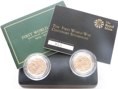 2014 - 1914 First World War Gold Full Sovereign 2 Coin Set Box Coa - Mintage 100