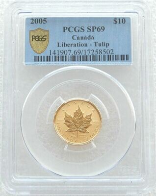 2005 Canada Liberation Tulip Privy Maple Leaf $10 Gold 1/4oz Coin PCGS SP69