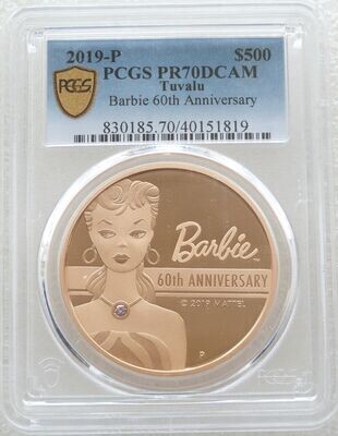 2019 Tuvalu Barbie 60th Anniversary Argyle Pink Diamond $500 Gold Proof 2oz Coin PCGS PR70 DCAM