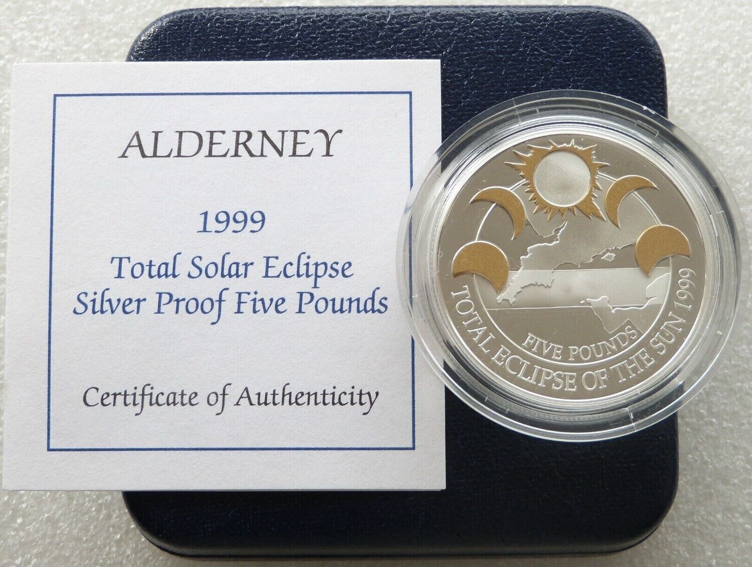 1999 Alderney Total Solar Eclipse of the Sun £5 Silver Gold Proof Coin Box Coa