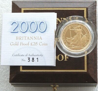 2000 Britannia £25 Gold Proof 1/4oz Coin Box Coa