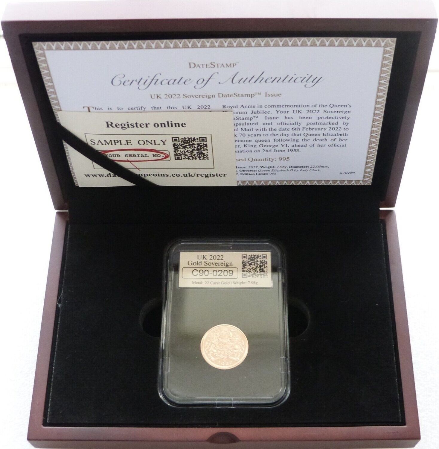2022 Platinum Jubilee DateStamp Full Sovereign Gold Coin Box Coa