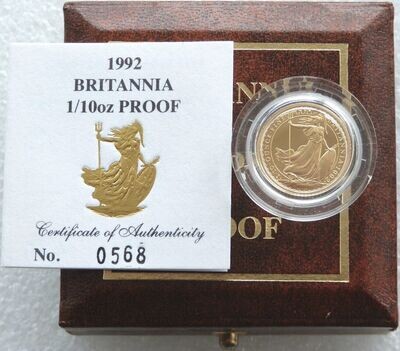 1992 Britannia £10 Gold Proof 1/10oz Coin Box Coa