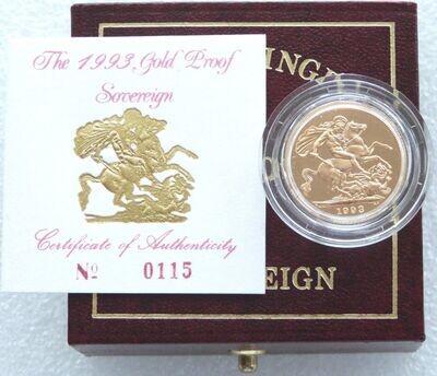 1993 St George and the Dragon Full Sovereign Gold Proof Coin Box Coa