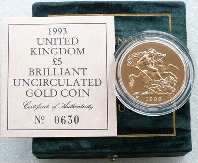 1993-U St George and the Dragon £5 Sovereign Gold Coin Box Coa