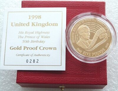 1998 Prince Charles of Wales £5 Gold Proof Coin Box Coa