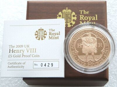 2009 King Henry VIII Accession £5 Gold Proof Coin Box Coa