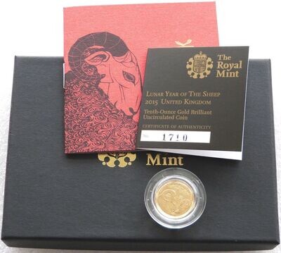 2015 British Lunar Sheep £10 Gold 1/10oz Coin Box Coa - Mintage 922
