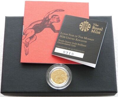 2016 British Lunar Monkey £10 Gold 1/10oz Coin Box Coa - Mintage 1,888