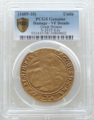 1609 - 1610 James I Fourth Bust Unite Gold Coin PCGS VF Details