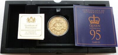 2021 Guernsey Queens 95th Birthday £5 Gold Proof 1oz Coin Box Coa