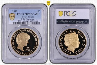 1999 Lady Diana Memorial £5 Gold Proof Coin PCGS PR69 DCAM