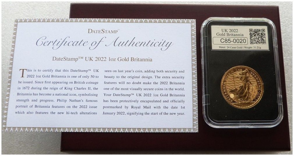 2022 Britannia DateStamp £100 Gold 1oz Coin Box Coa - Waves