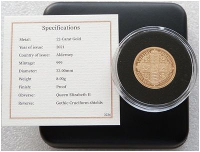 2021 Alderney Gothic Crown Full Sovereign Gold Proof Coin Box Coa