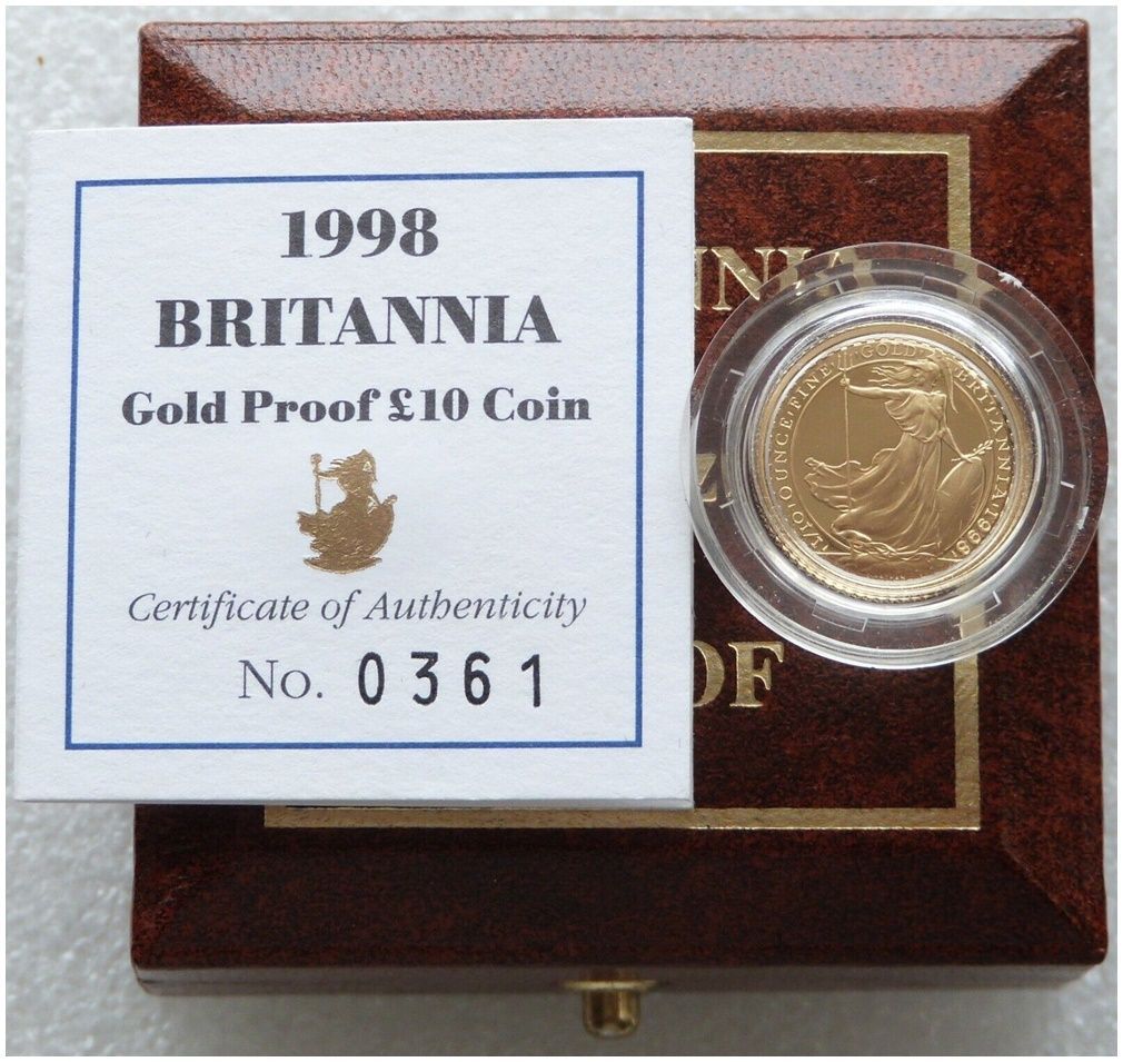 1998 Britannia £10 Gold Proof 1/10oz Coin Box Coa - Mintage 392